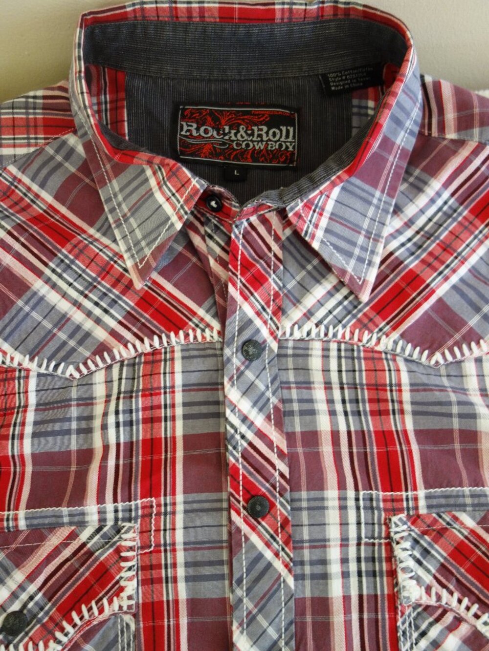ROCK & ROLL COWBOY Red Gray Plaid Western Snap Shirt – Mens Large
